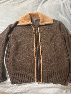 Escada Brown Zip-Up Knit Sweater with Tan Sherpa Collar